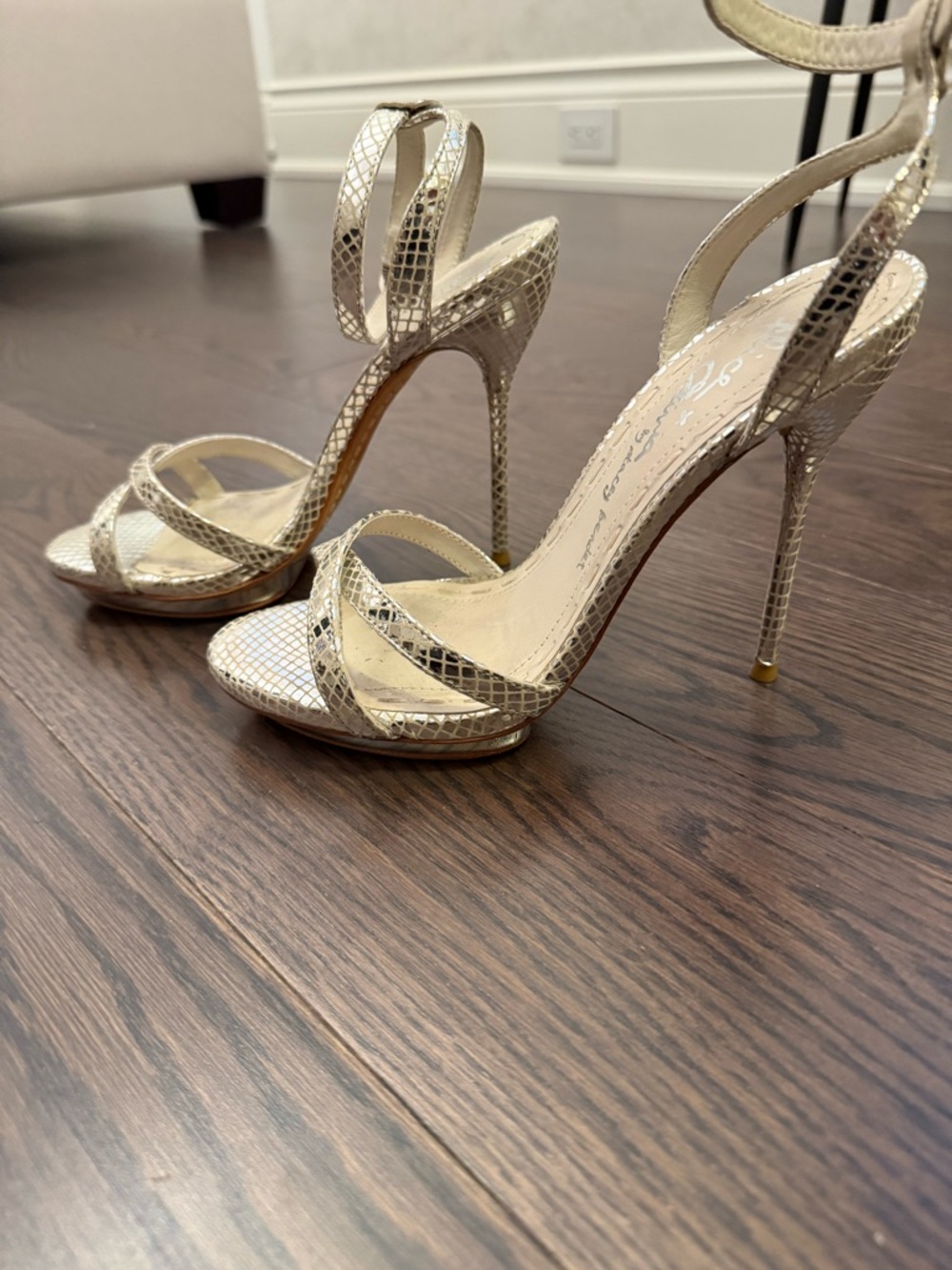 Alice + Olivia Metallic Gold Snake-Embossed Stiletto Sandals
